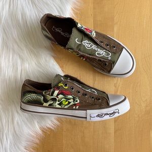 Don Ed Hardy Brown & Green Laceless Slip-On Shoes - Eagle and Tiger Design, sz 8